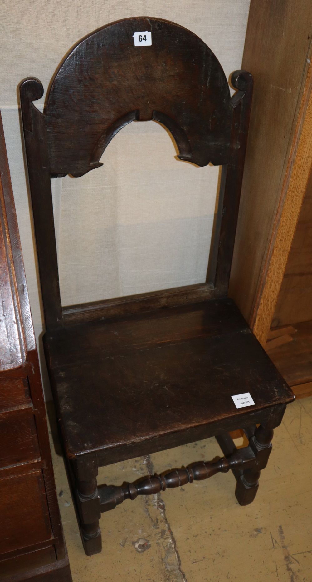 An 18th oak chair back stool, W.48cm, D.36cm, H.108cm